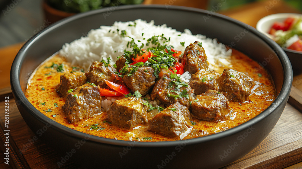 Spicy Curried Beef Served with White Rice, Red Chili Peppers, and Fresh Garnishes for a Bold Flavor Spicy Curried Beef Served with White Rice, Red Chili Peppers, and Fresh Garnishes for a Bold Flavor
