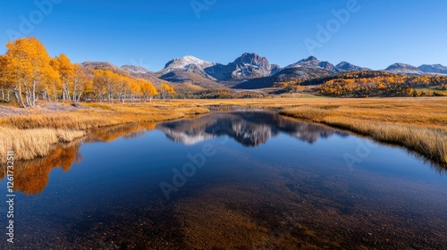 Autumnal Mountain Reflections, Serene Valley Pond, Majestic Peaks