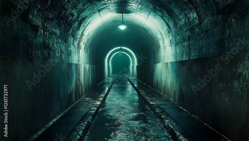 Dark tunnel interior, water, ominous light, path photo