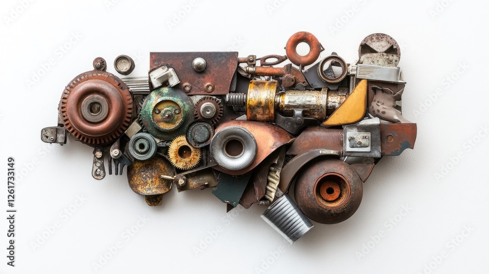 A variety of repurposed metal parts assembled into a creative sculpture, demonstrating upcycling. A variety of repurposed metal parts assembled into a creative sculpture, demonstrating upcycling.