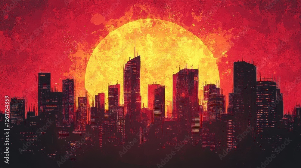 Fototapeta premium Dramatic cityscape silhouetted against a giant yellow orange sun
