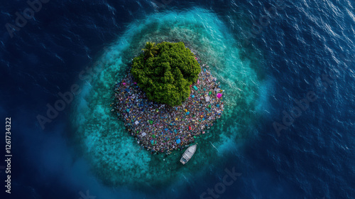 small, lush island surrounded by vibrant blue ocean waters, featuring boat nearby