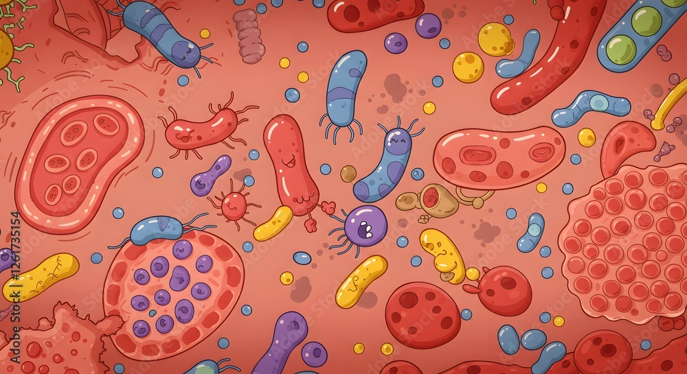 Naklejka premium Colorful Illustration of Microscopic Bacteria and Cells in a Biological Environment