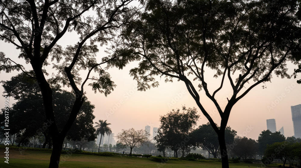 serene urban park with silhouetted trees against hazy skyline serene urban park with silhouetted trees against hazy skyline