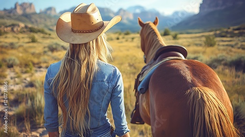 Cowgirl walking with horse in scenic mountain landscape
