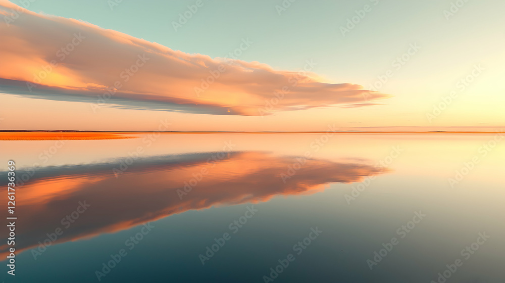 Obraz premium Calm lake sunset reflection, peaceful evening sky, nature background, ideal for relaxation