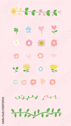 Colorful floral pattern with various flowers and leaves on pink background