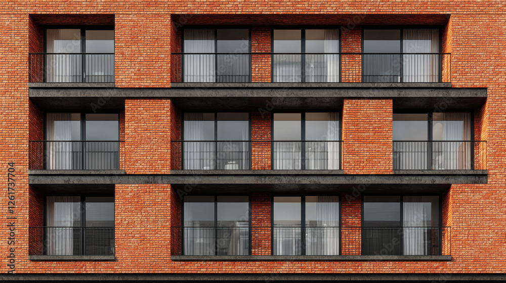 Fototapeta premium Modern residential brick facade with glass balconies on apartment building exterior geometric pattern contemporary architecture