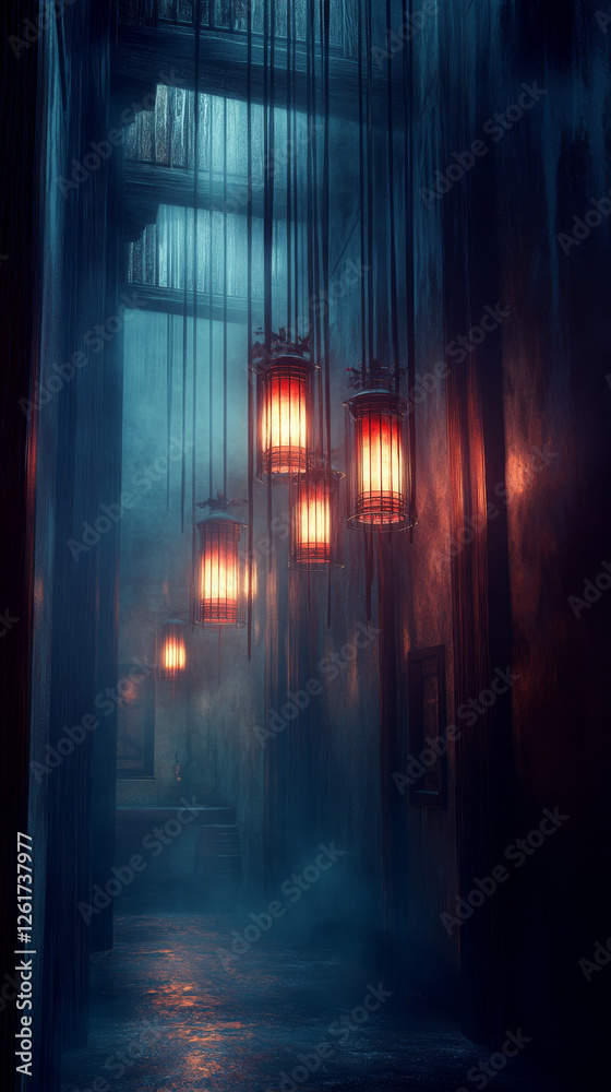Mysterious corridor with glowing lanterns and misty atmosphere Mysterious corridor with glowing lanterns and misty atmosphere