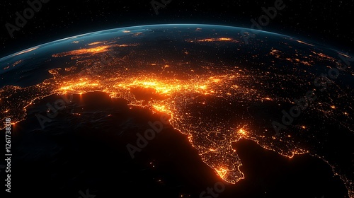 Earth's night lights, Europe and Asia illuminated, space view, global connectivity