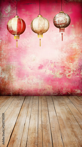 Three hanging lanterns on rustic wooden floor with pink textured background