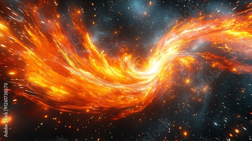 Fiery cosmic swirl in space, background stars, abstract art, perfect for design