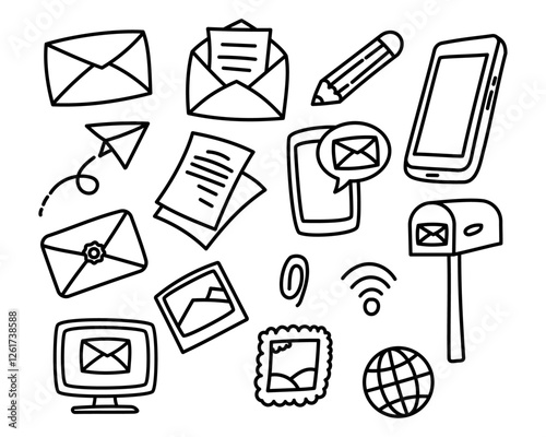 Set of mail and email doodle elements with black color on a white background