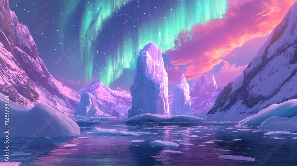 An ethereal scene where towering icebergs float under a magical aurora-filled sky, with the shimmering northern lights reflecting on the icy water below. An ethereal scene where towering icebergs float under a magical aurora-filled sky, with the shimmering northern lights reflecting on the icy water below.