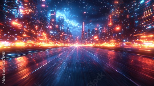 Futuristic city highway at night, speeding car view, neon lights, stormy sky, sci-fi background, perfect for video game or film