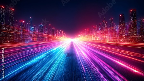 Futuristic city highway at night, speeding car lights streaks, urban landscape, technology concept