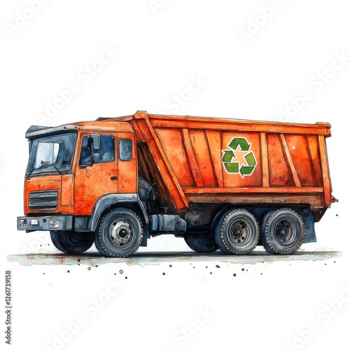 Bright Orange Dump Truck with Recycling Logo on Urban Background