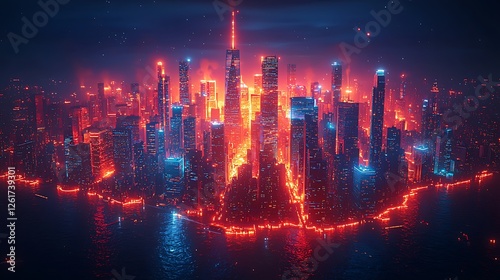 Futuristic city skyline at night, fiery glow, coastal location, digital art, website banner