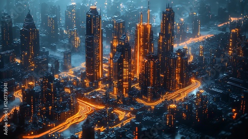 Futuristic city skyline at night, glowing architecture, aerial view, urban landscape, digital art