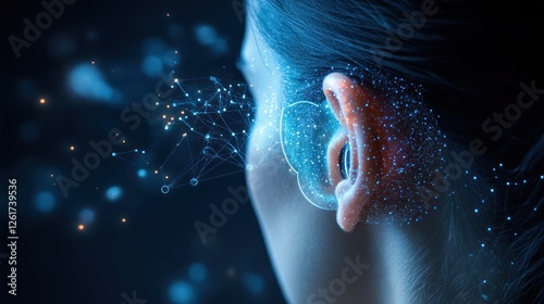 Human ear with sound waves technology for hearing test and treatment,.