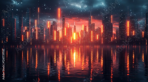 Futuristic city skyline at sunset, reflected in water, digital art, for sci-fi backgrounds