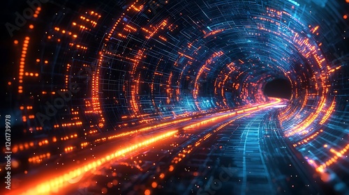 Futuristic digital tunnel, glowing path, data stream, abstract background, tech concept