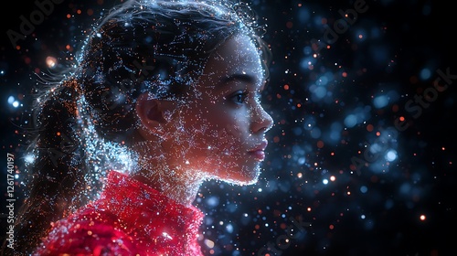 Girl, digital art, profile, sparkle, dark background, future tech, website banner