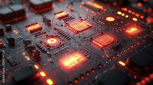 Glowing circuit board, technology, close-up, red light, digital, background, tech concept, website