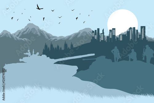 Vector illustration of military on guard in the forest. Silhouette of war in the forest