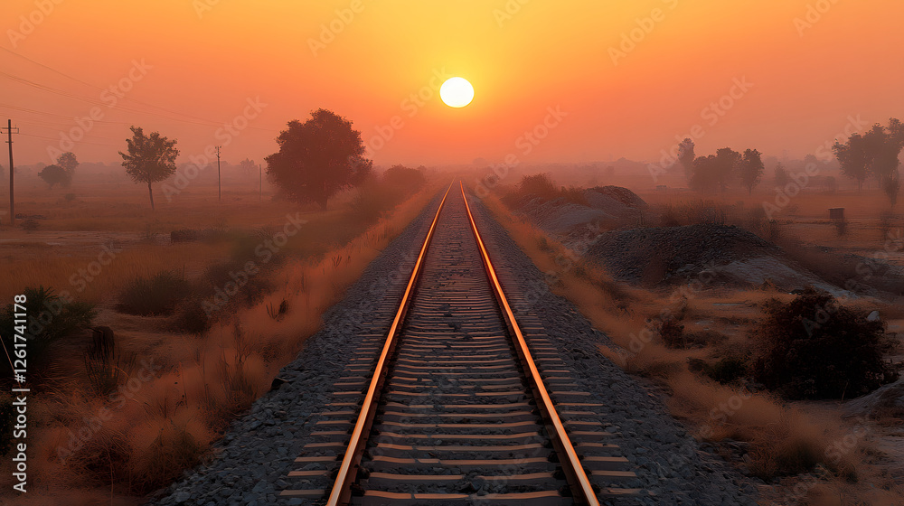 Obraz premium Sunrise over a tranquil railway track in a rural landscape
