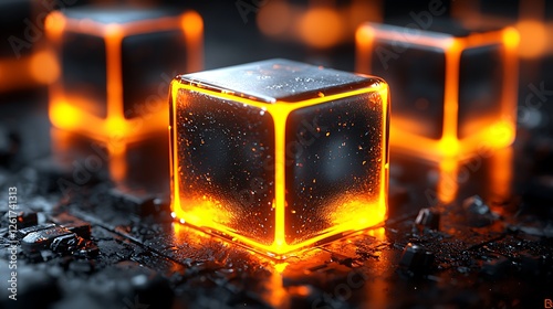 Glowing cubes on dark surface, abstract background, digital art, tech concept