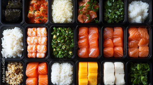 Assorted sushi and ingredients arranged in black containers photo