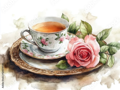 Delicate Tea Cup with Rose on Floral Plate in Soft Watercolor Style