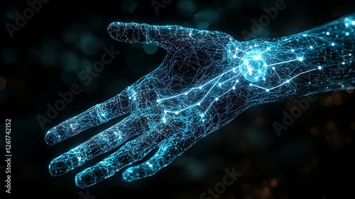 Glowing digital hand reaching, network connection, dark background, medical tech