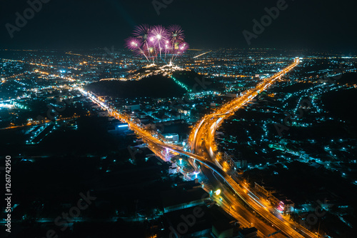 Phetchaburi cityscape and Fireworks annual festival at ancient place Phra Nakhon Khiri (Khao Wang) thailand, photo