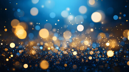 Abstract dark blue and gold particle background with golden light bokeh, shining particles on navy blue, gold foil texture, festive holiday concept
