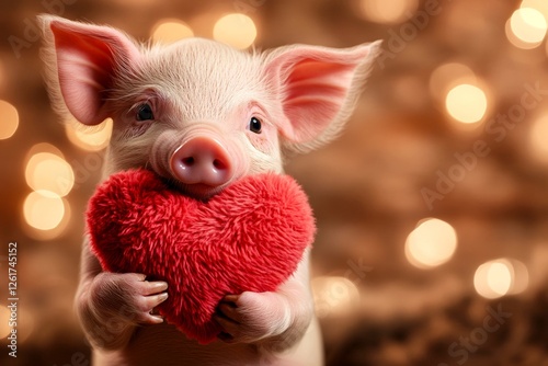 Cute pig baby with fluffy red heart on in a natural habitat. Pig - my treasured animal. Commercial animal concept art. Love and wildlife. Wild lovebirds in nature. Valentine's love-themed art. photo