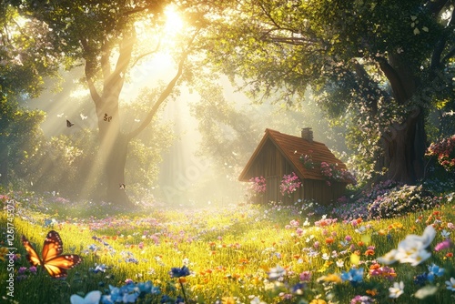 Fototapeta Naklejka Na Ścianę i Meble -  Sunlit fairy tale cottage in a blossoming forest meadow