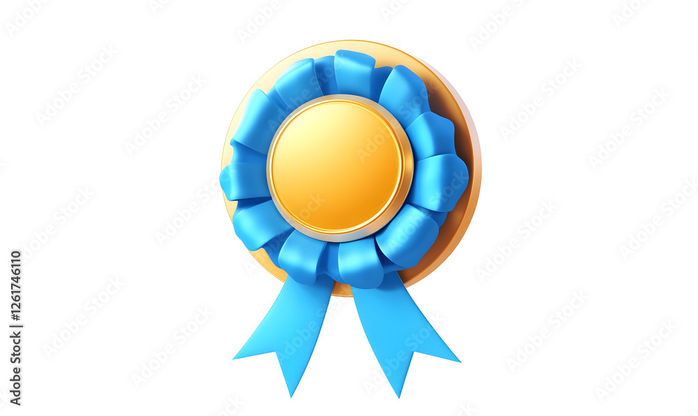 Gold award medal with blue ribbon, achievement concept, isolated background, website design element Gold award medal with blue ribbon, achievement concept, isolated background, website design element