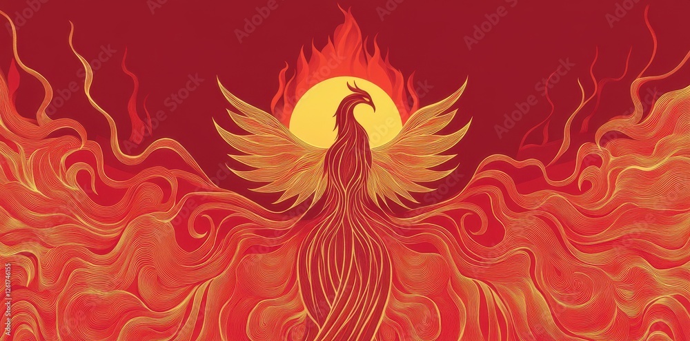 Obraz premium Illustrated phoenix bird rising from flames with a sun behind
