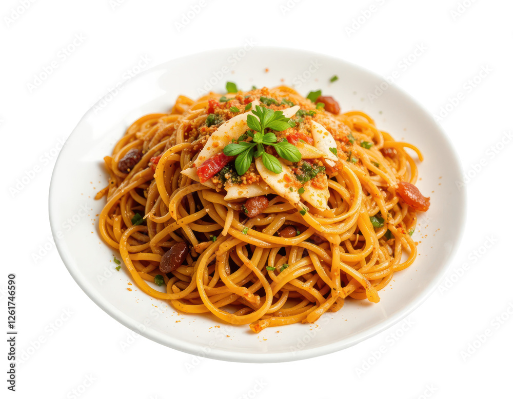 spaghetti with tomato sauce and pieces of meat served on a ceramic plate. isolated on a transparent or white background spaghetti with tomato sauce and pieces of meat served on a ceramic plate. isolated on a transparent or white background
