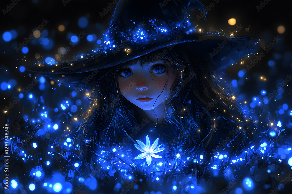 A young witch in a dark forest holds a glowing scilla flower, surrounded by ominous shadows A young witch in a dark forest holds a glowing scilla flower, surrounded by ominous shadows