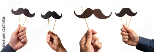 Hands holding black mustache props for a fun celebration or party event. photo