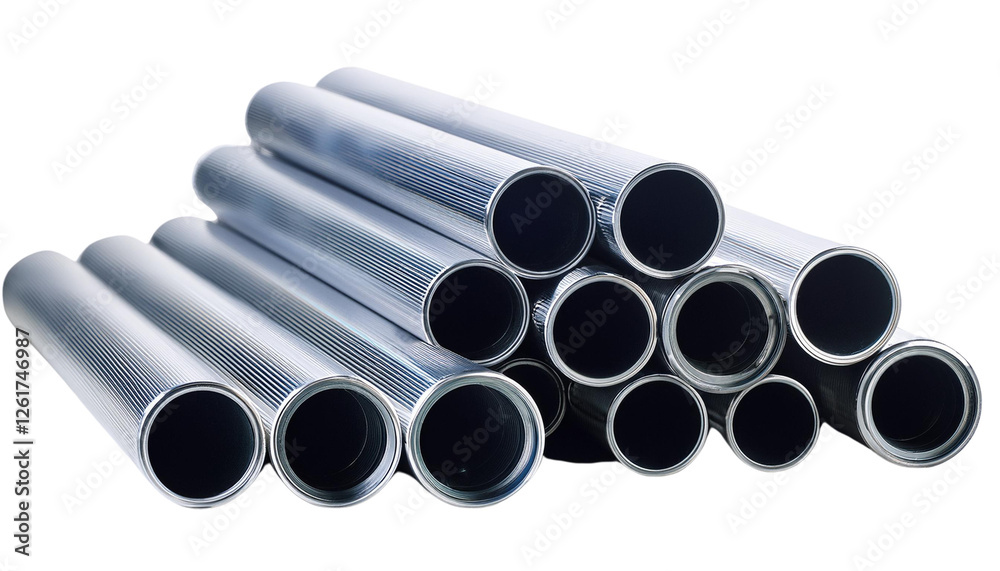 Fototapeta premium Stack of shiny metal pipes arranged neatly for industrial use and construction projects.
