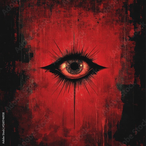 Single demonic red eye staring intensely from a blood red wall