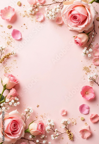 Floral frame design with pink roses and delicate petals on a soft pink background