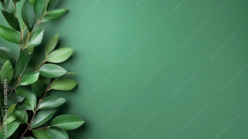 Fototapeta premium Fresh Green Leaves On Dark Green Background