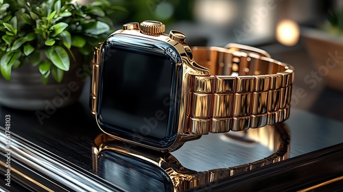 Gold smartwatch on table, plant background, luxury tech
