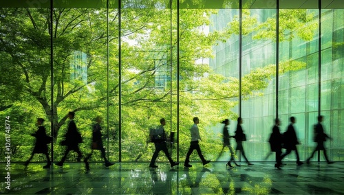 Green Oasis: Silhouetted Figures Walking Past Lush Greenery Through Modern Glass Walls