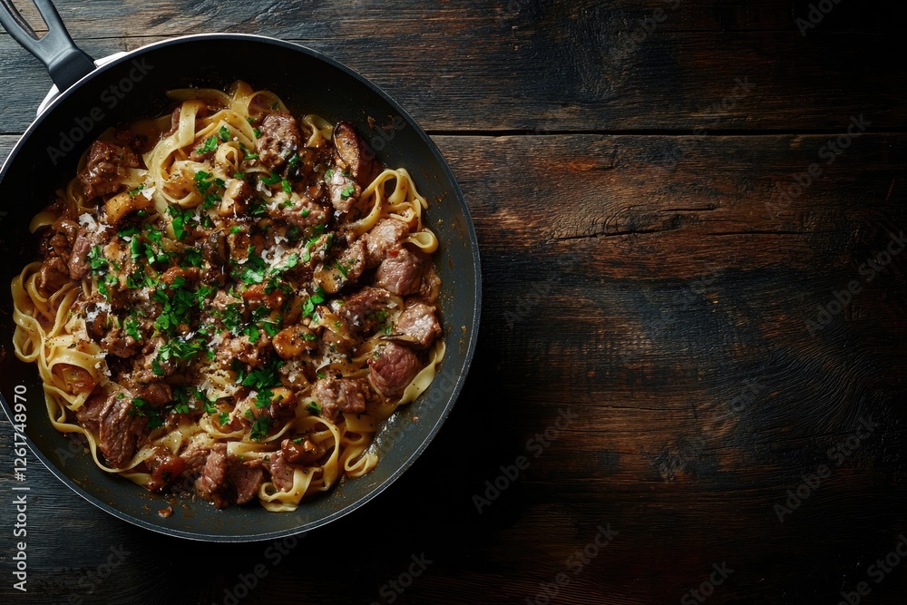 A skillet of fettuccine pasta with veal, mushrooms, and fresh parsley, garnished with parmesan on a rustic wooden table with space for text. Ideal for restaurant menus, food blogs, and Italian cuisine A skillet of fettuccine pasta with veal, mushrooms, and fresh parsley, garnished with parmesan on a rustic wooden table with space for text. Ideal for restaurant menus, food blogs, and Italian cuisine